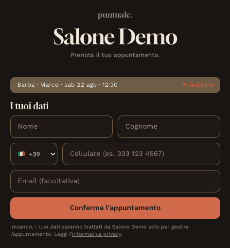 Puntuale: la pagina di prenotazione, conferma con i dati del cliente.