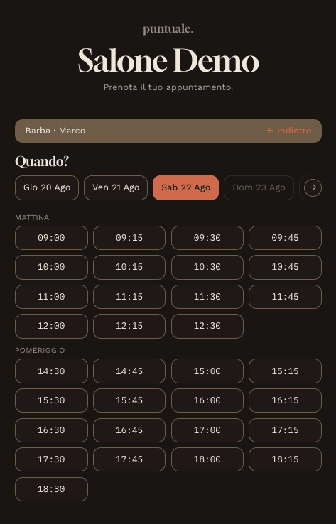 Puntuale: la pagina di prenotazione, scelta del giorno e dell'orario.