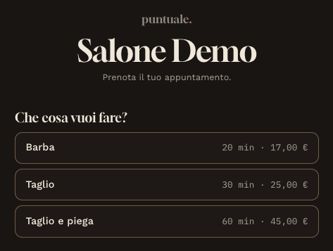 Puntuale: la pagina di prenotazione, scelta del servizio.