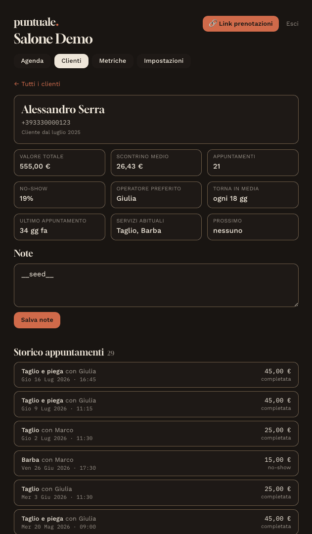 Puntuale: la scheda di un cliente, con storico appuntamenti e abitudini.